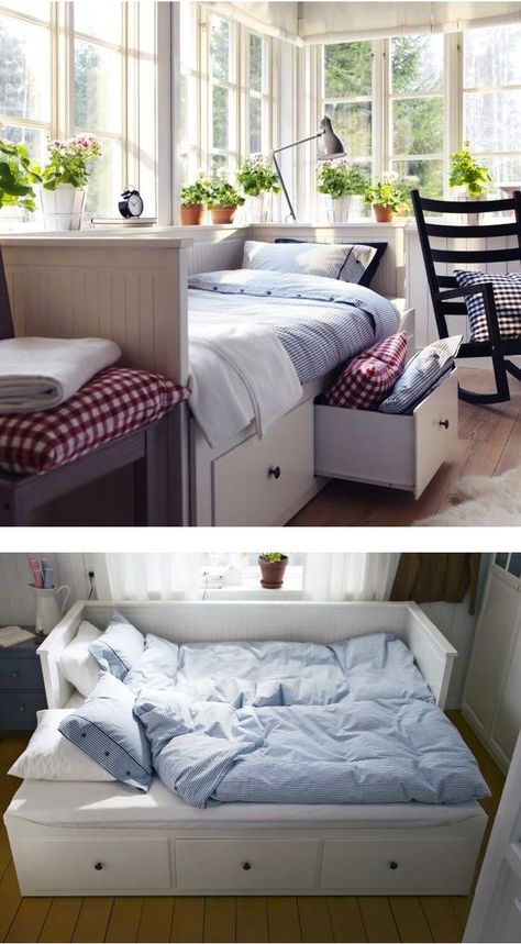 Ikea daybed turns into double bed with 3 storage drawers. Hemnes Daybed, Ikea Daybed, Daybed Room, Guest Bedroom/office, Sleeping Nook, Murphy Bed Ikea, Murphy Bed Plans, Decor Ikea, Office Guest Room