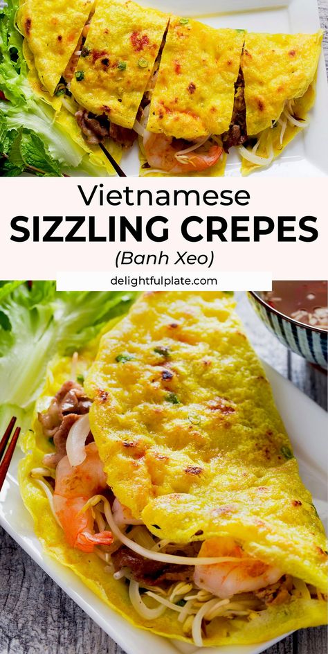 Indulge in the vibrant flavors of Vietnam with these crispy pancakes that are a true delight for the senses. Perfectly golden and filled with a savory mix of shrimp, pork, and fresh herbs, each bite offers a satisfying crunch and a burst of authentic taste. Ideal for a fun dinner with friends or a unique addition to your culinary repertoire, these Vietnamese pancakes are sure to impress and transport your taste buds to the bustling streets of Hanoi. Embrace a new favorite dish that combines texture and flavor in every delicious mouthful. Vietnamese Crepes, Vietnamese Pancakes, Easy Vietnamese Recipes, Crispy Pancakes, Asian Dinners, Banh Xeo, Viet Food, Vietnam Food, Vietnamese Cuisine