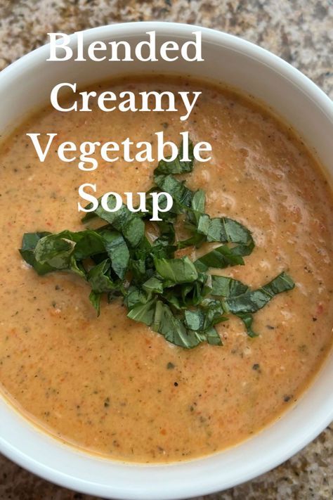 This blended creamy vegetable soup is very easy to make, healthy and delicious. The vegetables are seasoned and roasted which gives this soup a delicious flavor. Cream Of Roasted Vegetable Soup, Creamed Vegetable Soup, Blended Veggie Soup, Blended Soup Recipes, Blended Soup, Creamy Vegetable Soup, Blender Soup, Roasted Vegetable Soup, Dorm Food