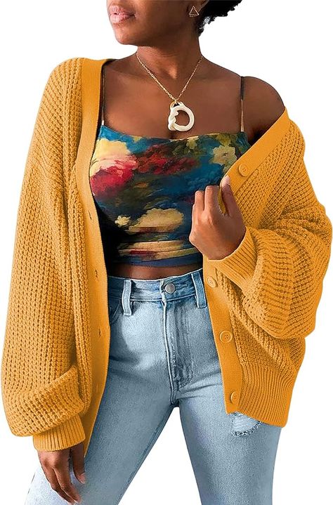 QUALFORT Women's Cardigan Sweater 100% Cotton Button-Down Long Sleeve Oversized Knit Cardigans Mustard Cardigan, Cardigan Oversized, Oversized Knit Cardigan, Soft Cardigan, Winter Outfits For Work, Design Christmas, Cardigan Pattern, Cardigan Sweaters For Women, Cozy Fashion