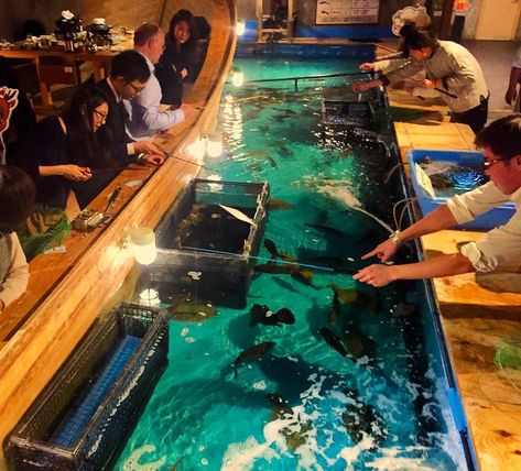 Zauo: New New York restaurant requires you to fish for your meal | The Independent Fish Tank Restaurant, Fish Restaurant Design, Interactive Restaurant, Seafood Tank, Restaurant Fish, Japanese Restaurant Interior, Fish Pool, New York Restaurant, Marine Fish Tanks