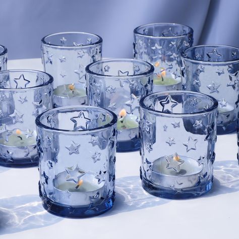 PRICES MAY VARY. [Various Stars Embossed Votive Holder]: star motif with blue glass, the votive holders express sweet feelings at night with her/him, spirit of freedom and bravery on special patriotic holiday, full love on baby/bridal shower [Blue Candle Holder for Winter Decor]: color blue votive candle holders are great holiday ornaments set on fireplace screen, festival gathering table centerpieces, or decorate with fall wreath, table runner, Christmas tree on theme party [Add Rustic Appeal w Stary Nights Theme, Starry Night Table Decor, Starry Night Party Theme Decoration, Stary Night Christmas Theme, Glitter Gel Candles, Christmas Under The Stars, Star Table Centerpieces, Astrology Themed Wedding, Navy Blue Decorations