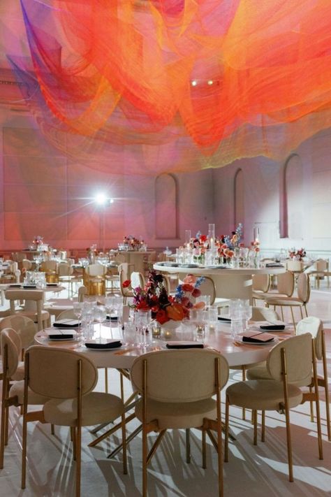 modern contemporary wedding reception at the renwick gallery in washington dc photo of nontraditional wedding reception seating with bold colorful centerpieces Art Gallery Wedding Reception, Red Wedding Decor, Modern Contemporary Wedding, Wedding Reception Elegant, Orange Wedding Decorations, Luxury Event Design, Renwick Gallery, Round Wedding Tables, Groom Style Wedding