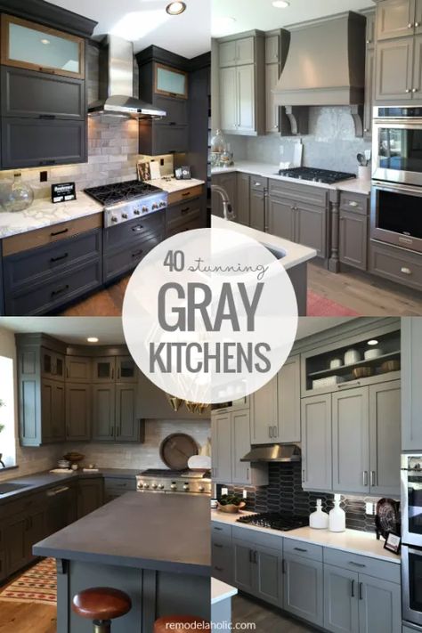 40 Stunning All Gray Kitchens with Gray Kitchen Cabinets | This collection of gray kitchens features dark gray cabinets, light gray cabinets, two tone wood and gray cabinets, plus 35 more gray and white kitchen cabinets. #remodelaholic #graykitchen #gray #grey #kitchendesign Gray Kitchen Cabinets With Wood Island, Gray Kitchen Cabinets With Dark Floors, Grey Kitchen Cabinets With Black Counter, Lite Gray Kitchen Cabinets, Gray Cabinets Dark Countertops, Grey Kitchen Cabinets With Wood Island, Dark Grey Kitchen Walls White Cabinets, Grey Cabinets Wood Island, Grey Kitchen Cabinets Butcher Block Counter Tops