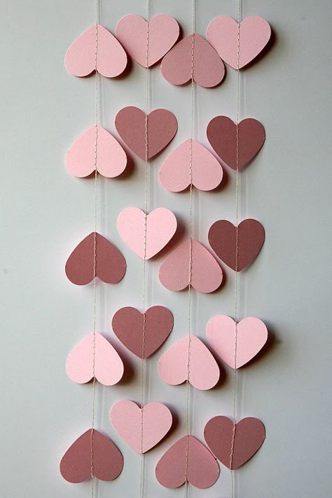 Heart Table Decor, Pastel Pink Party Decorations, Pink Paper Decorations, Pink Heart Decor, Heart Paper, Heart Hanging Decoration, Hanging Paper Hearts, Valentine Hearts Crafts, Hanging Hearts Decoration