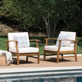 Perla Outdoor Acacia Wood Club Chair with Cushion (Set of 2) by Christopher Knight Home Cream Cushion, Porch Chairs, Pool Lounge Chairs, Outdoor Lounge Chairs, House Outdoor, Patio Lounge Chairs, Patio Lounge, Wicker Chairs, Pool Furniture