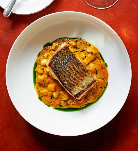 Roast-fillet-of-seabass-with-braised-shellfish-and-saffron-sauce Sea Bass Fillet Recipes, Cooking Sea Bass, Grilled Sea Bass, Bass Recipes, Saffron Sauce, Baked Sea Bass, Grilled Courgette, Sea Bass Recipes, Halibut Recipes