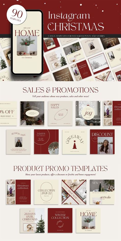 Ad: 90 CHRISTMAS INSTAGRAM TEMPLATES for Instagram Posts and Stories. $29 Christmas Instagram Feed Design, Christmas Social Media Posts Ideas, Social Media Giveaway Post Design, Instagram Christmas Post, Christmas Calendar Design, Promotion Ads Design Social Media, Christmas Instagram Templates, Buy More Save More Design, Christmas Instagram Post Ideas