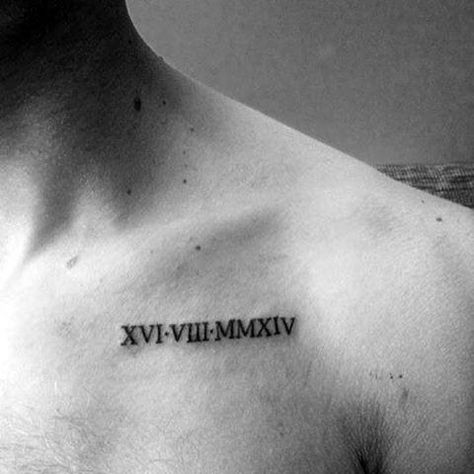 Tiny Roman Numeral Mens Upper Chest Tattoos Roman Numerals Tattoo, Numerals Tattoo, Roman Numbers Tattoo, Faith Tattoo On Wrist, Roman Tattoo, Roman Numeral Tattoo, Numeral Tattoo, Tatuagem Masculina Pequena, Small Chest Tattoos