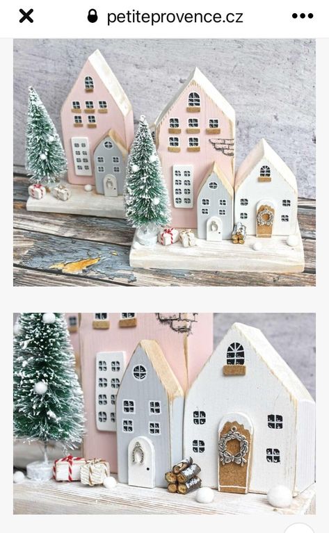 Christmas Wooden Houses Craft, Christmas Wood Houses, Wooden Christmas Houses Diy, Wooden Christmas Village, Wooden House Decoration, Scrap Wood Crafts, Small Wooden House, Diy Christmas Village, Wooden Christmas Crafts