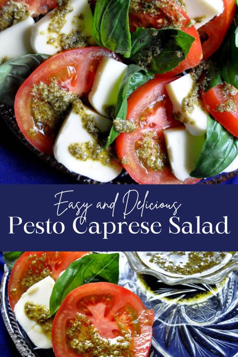 tomatoes, mozerella, and fresh basil with a drizzle of pesto dressing Salad Recipes Caprese, Caprese With Pesto, Caprese Salad Lunch, Caprese Salad Dressing, Caprese Salad With Pesto, Caprese Salad Pesto, Caprese Salad Photography, Simple Appetizer, Pesto Dressing