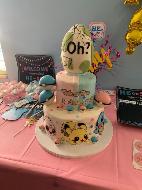 Anime Gender Reveal Ideas, Gender Reveal Pokemon Theme, Pokemon Gender Reveal Ideas, Pokemon Gender Reveal, Egg Gender Reveal, Waddle It Be Gender Reveal, Marbled Cake, Baby Milo, Cake With Chocolate Ganache