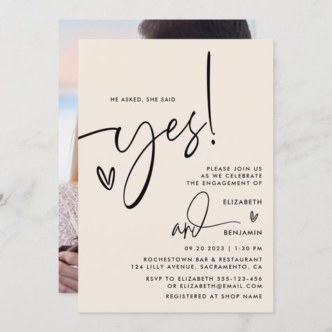 She Said Yes Engagement Party, Engagement Card Design, Engagement Announcement Cards, He Asked She Said Yes, She Said Yes Engagement, Said Yes Engagement, Engagement Party Planning, Beach Party Invitations, Elegant Engagement Party