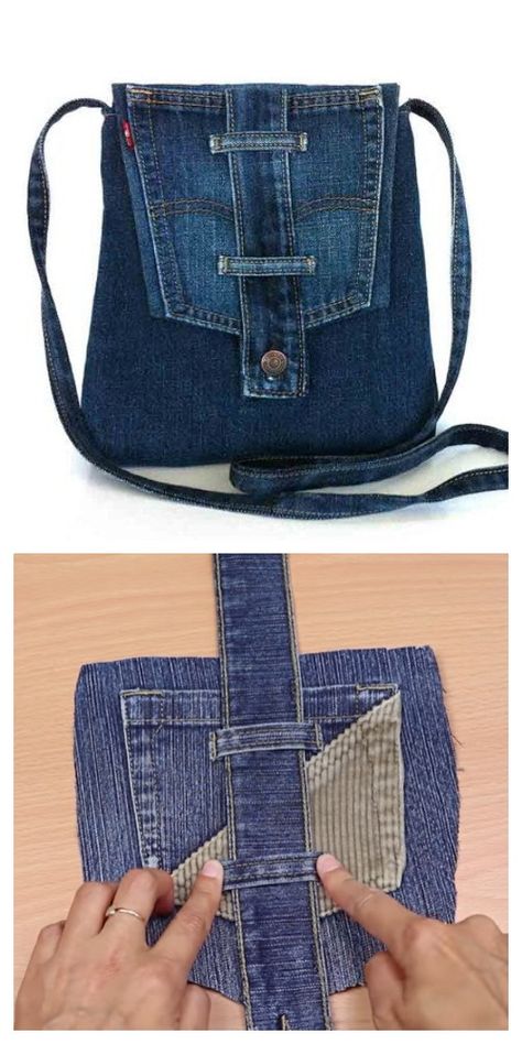 DIY Recycled Jean Cross Body Bag Free Sewing Patterns + Video | Fabric Art DIY Återvinna Jeans, Fabric Art Diy, Tas Denim, Blue Jean Purses, Recycled Jeans Bag, Projek Menjahit, Denim Bag Diy, Denim Bag Patterns, Jean Purses