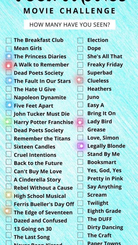 Movie Challenge List, Film Checklist, Teen Romance Movies, Disney Themed Movie Night, Netflix List, Themed Movie Night, Challenge List, Movie Challenge, Best Movies To Watch