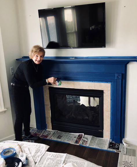 Oh Yes, I painted our fireplace blue! Painted Mantle Ideas, Blue Fireplace, Painted Mantle, Fireplace Trim, Diy Fireplace Mantel, Navy Paint, Wood Mantle, Basement Remodel Diy, White Tile Backsplash