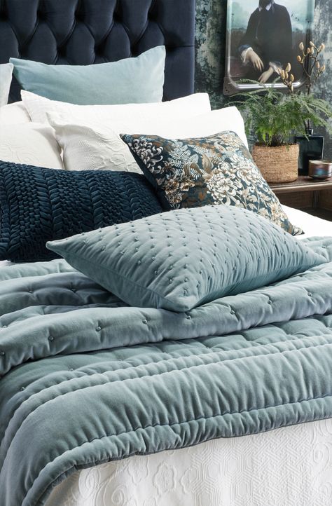 Teal Blue Bedding Ideas, Dusty Blue Comforter Bedroom, Blue Bedspreads And Comforters, Dream Bedding Set, Bedroom Light Flooring, Light Teal Bedding, Blue Comforter Sets Master Bedrooms, Blue Accented Bedroom, Dusty Blue Master Bedrooms Decor