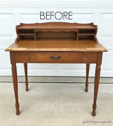 Mismatched vintage chair and desk makeover - by Girl in the Garage Antique Writing Desk Makeover, Small Desk Makeover, Refinishing Desk, Vintage Study Desk, Antique Desk Makeover, Small Antique Desk, Vintage Desk Makeover, Girls Desk Chair, Desk Chair Makeover