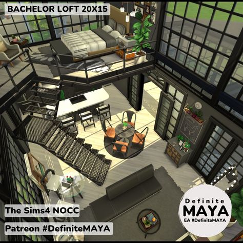 NOCC/ Mod-Free/ Need Packs***Download from EA gallery #DefiniteMAYA *** Support me on Patreon *** Sims 4 Houses Loft, Sims 4 Loft House Download, Sims 4 Loft Download, Bachelor Loft, Sims Tips, Sims4 Lots, Loft House Ideas, Cyberpunk Apartment, Sims Room