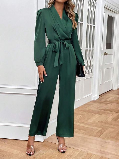 SHEIN Frenchy Shawl Collar Puff Sleeve Belted Jumpsuit | SHEIN USA Satin Jumpsuit Wedding, Jumpsuit Hijab Outfit, Jumpsuit Hijab, Elegant Silk Dresses, Belted Jumpsuit, Satin Jumpsuit, Silk Jumpsuit, Belt Jumpsuit, Silk Dresses