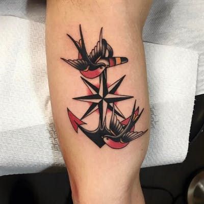 Tattoo uploaded by Ross Howerton | Two swallows flying around a nautical star by Joe Tartartotti (IG—joe_tartarotti). #anchor #JoeTartarotti #nauticalstar #sailor #swallow #traditional | 387162 | Tattoodo Swallow Tattoo Meaning, Traditional Nautical Tattoo, Swallows Flying, Nautical Star Tattoos, American Traditional Tattoos, Sailor Tattoos, Anchor Tattoo Design, Anker Tattoo, Nautical Star