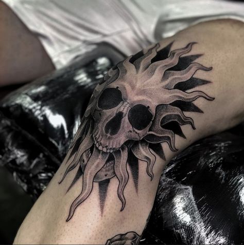 Skull On Elbow Tattoo, Dark Elbow Tattoo, Gothic Knee Tattoo, Knee Skull Tattoo, Kneecap Tattoo Women, Mens Knee Tattoo, Skull Knee Tattoo, Knee Tattoo Men, Skulls Design