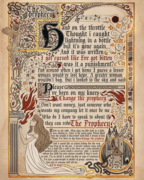 Alef Vernon | The Prophecy - old manuscript 📜🌙⏳️🤍✨️ - My second illustration for this art series of Taylor's songs in old fairytale manuscript style! I… | Instagram Old Fairytale Illustration, The Prophecy Taylor Swift, Old Manuscript, Alef Vernon, Let's Play A Game, Books 2024, Lightning In A Bottle, The Prophecy, Taylor Songs