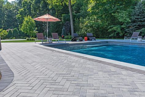 Herringbone Pool Deck, Swimmingpool Ideas, Pool Pavers Ideas, Pool Hardscape Ideas, Pavers Around Pool, Pool Patio Pavers, Pool Deck Pavers, Paver Pool Deck, Pool Decking Concrete