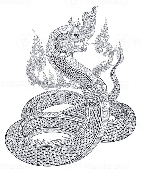 Naga of Doodle in Thai Art Style with Hand-Drawn Line Art in the Religions of Buddhism and Hinduism Naga Dragon Tattoo, Naga Tattoo Thai, Naga Tattoo, Thai Naga, Phaya Naga, Buddhism Tattoo, Burmese Language, Trad Tattoos, Khmer Tattoo