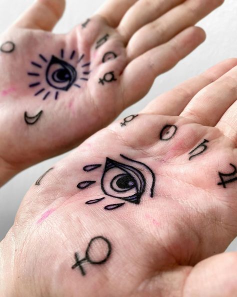 Eyes On Palms Tattoo, Evil Eye Palm Tattoo, Eye Palm Tattoo, Eye Symbol Tattoo, Palm Tattoos For Women, Palms Tattoo, Eye Hand Tattoo, Inner Ankle Tattoos, Hand Palm Tattoos