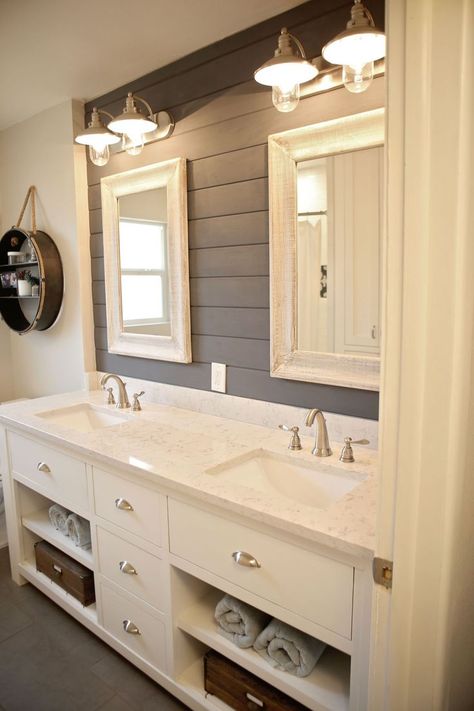 When you only have one bathroom in your house, you get creative. Mirrors And Lights, Bath Redo, Walk In Shower Designs, Bathroom Redesign, Americana Decor, Bathroom Reno, Interior Design Magazine, House Things, Farmhouse Bathroom