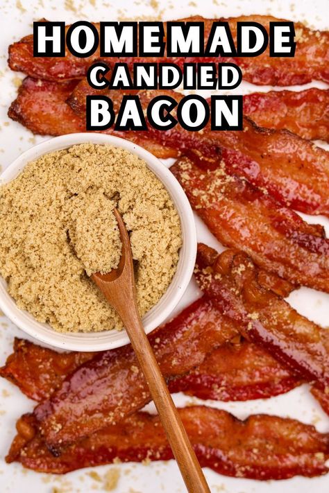 This easy Candied Bacon recipe is the perfect combination of salty and sweet, and is just as good for snacking as it is for layering on juicy burgers and sandwiches. Best of all? It's made with just 3 simple ingredients and ready in just 20 minutes! Candied Bacon Deviled Eggs, Candied Bacon Recipe, Easy Bacon Recipes, Bacon Treats, Perfect Bacon, Devilled Eggs Recipe Best, Oven Baked Bacon, Honey Baked, Sandwiches Wraps