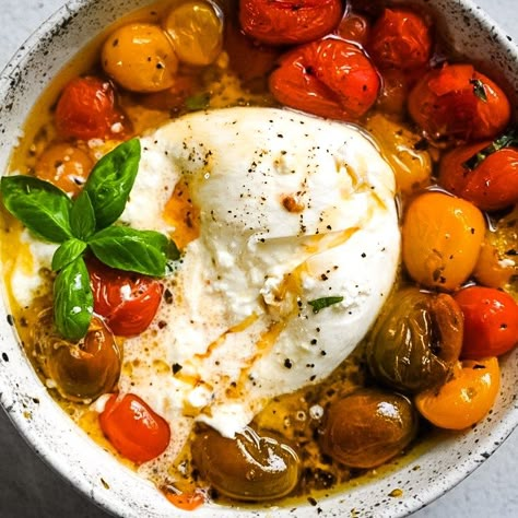 Oven Roasted Tomatoes & Burrata with Hot Honey » Kay's Clean Eats Roasted Tomatoes Recipe, Honey Appetizers, Tomatoes Burrata, Roasted Tomato Recipes, Hot Honey Recipe, Burrata Recipe, Toasted Baguette, Tomatoes On Toast, Oven Roasted Tomatoes