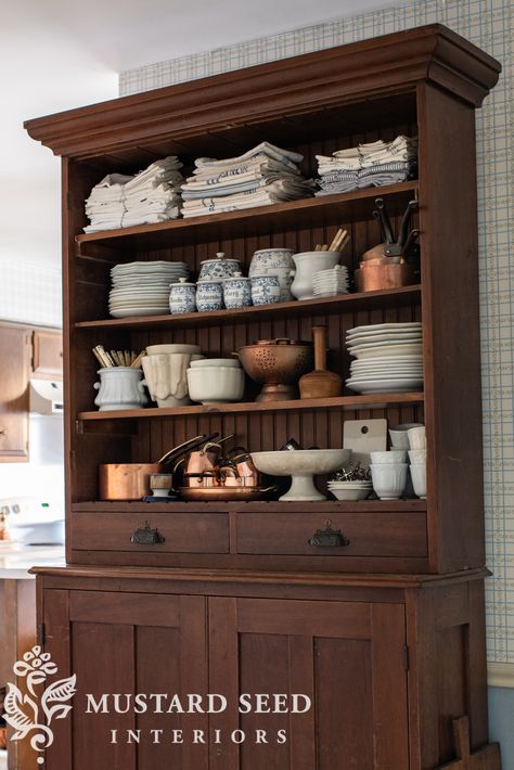 antique step-back hutch & breakfast nook | Miss Mustard Seed Open Floor Kitchen, Hutch Styling, Shallow Shelves, Kitchen Breakfast Nooks, Hutch Decor, European Kitchens, Dining Room Hutch, Miss Mustard Seed, Butlers Pantry