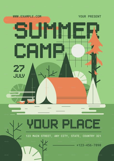 Green Modern Summer Camp Flyer Summer Camp Ads, Camping Graphic Design, Camp Poster Design, Retreat Flyer, Publicity Ideas, Camp Flyer, Graphic Design Portfolio Layout, Design Camp, Summer Camps For Kids