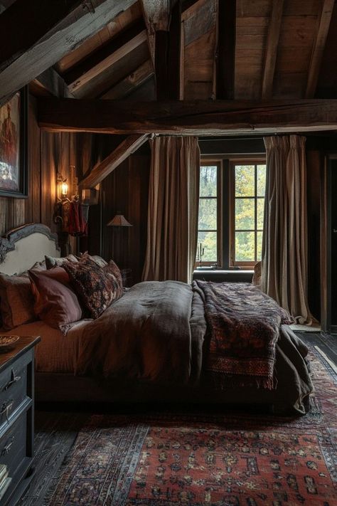 House Interior Rustic, Dark Western, Lodge Bedroom, Minimalist Bed Frame, Bedroom Ideas For Men, Cabin Interior Design, Farmhouse Bedroom Decor Ideas, Dream Cabin, Masculine Bedroom