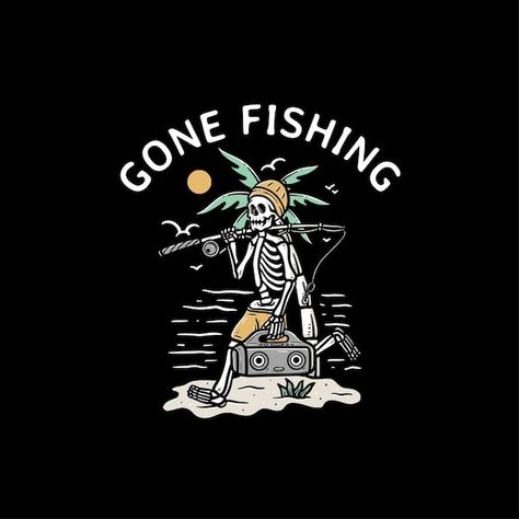 Skull gone fishing illustration | Premium Vector Fishing Design, Skeleton Fishing, Fishing Illustration, Fishing Design Illustration, Fishing Logo Design Graphics, Vintage Fishing Illustration, Tshirt Illustration, Fish Vector, Graphic Tee T-shirt For Fishing