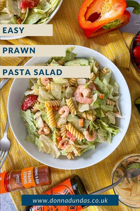 Tired of the same old pasta salad? Try our zesty prawn pasta salad recipe, packed with flavour and perfect for summer lunches. Get the recipe now! Chicken And Prawn Pasta, Prawn Pasta Salad Cold, Tuscan Prawn Pasta, Prawn And Tomato Pasta, Creamy Prawn Pasta, Chicken And Halloumi, Pasta Summer, Bacon Pasta Salad, Prawn Pasta