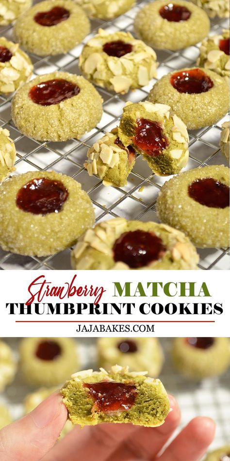 Matcha Thumbprint Cookies, Matcha Cookies Recipe, Best Thumbprint Cookies, Te Matcha, Coffee Crisp, Apartment Recipes, Matcha Desserts, Jam Thumbprint Cookies, Afternoon Tea Ideas