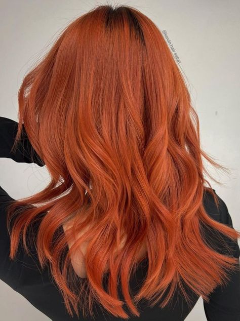 Tangerine Hair with Black Roots Black With Orange Hair, Bright Orange Hair Dark Roots, Black Roots Orange Hair, Black Roots Copper Hair, Shadow Root Orange Hair, Black Roots Ginger Hair, Ginger Hair Black Roots, Ginger Hair With Black Roots, Dark Brown And Ginger Hair