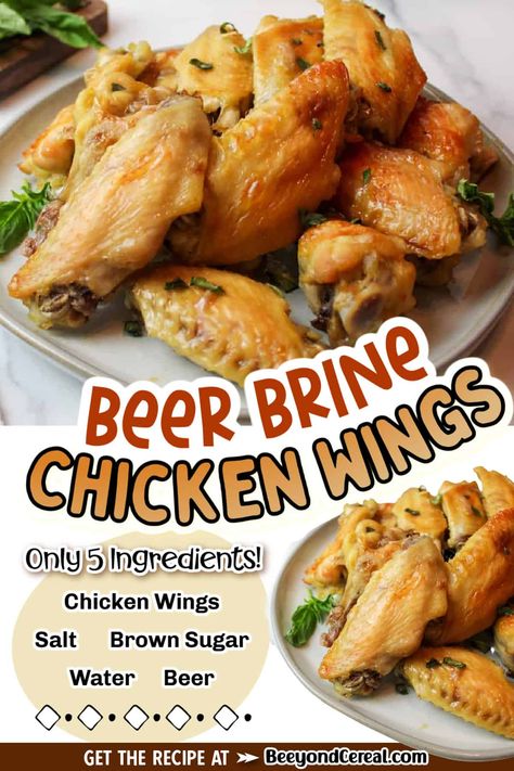 How to make tasty and juicy oven baked chicken wings with a homemade beer brine. With this recipe you can make flavorful, juicy, and perfectly cooked chicken wings every time. Even better, they go perfect with football games as appetizers or side dishes and they'd be great at your next BBQ too! Beer Brined Chicken Wings, Beer Brine, Brined Chicken Wings, Chicken Wing Brine, Juicy Oven Baked Chicken, Baking With Beer, Oven Baked Chicken Wings, Brined Chicken, Baked Chicken Wings Oven