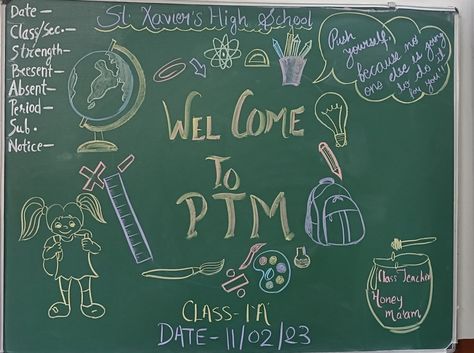 Ptm Board Decoration Ideas School Chalk, Parents Teacher Meeting Board Decoration, Welcome To Ptm, Ptm Board Decoration Ideas School, Black Board Decoration Ideas School, Chalkboard Mural, Register Decoration, Blackboard Decoration, Board Decoration Ideas