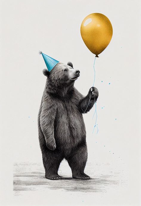 Send warm wishes with our delightful bear-themed greeting card, showcasing an adorable bear wearing a festive party hat and holding a cheerful yellow balloon. Perfect for spreading joy on birthdays and special occasions. Order now and make your loved one's day even more special! #BearBirthdayGreetingCard #CelebratoryMoments #PartyHatAndBalloon Bear With Balloons, Happy Bday Message, Happy Birthday Bear, Tiger Birthday, Monkey Birthday, Birthday Illustration, Birthday Greetings Friend, Elephant Birthday, Bear Card