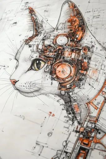 ↑↑↑ Larger size on website 🔸 The image is a detailed pen and ink drawing of a cat's head, with its fur rendered in a realistic st Mechanical Bird Drawing, Steampunk Cat Tattoo, Mechanical Horse Art, Realistic Cat Drawing, Steampunk Cat Drawing, Steampunk Animals Illustration, Industrial Theme, Ink Pen Drawings, Cat Drawing