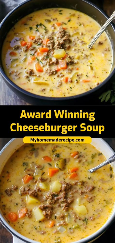 This Award Winning Cheeseburger Soup is creamy, hearty, and loaded with all the flavors of a cheeseburger in soup form. With tender beef, cheese, and veggies, it’s a satisfying meal in a bowl. Ingredients: 1 lb ground beef 4 cups chicken broth 2 cups shredded cheddar cheese 1 cup heavy cream A cozy, comforting soup that brings the best of cheeseburgers to a bowl Cheeseburger Soup Crockpot, Cheeseburger Soup Recipe, Hearty Chicken Soup, Meal In A Bowl, Cheese Burger Soup Recipes, Vegetable Soups, Quick Soup, Cheese Soup Recipes, Soup With Ground Beef