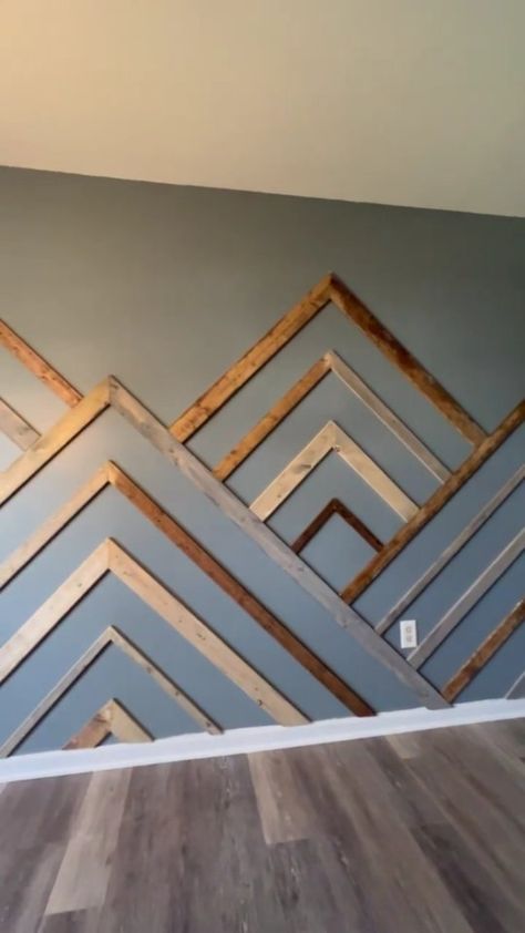 Mountain Wall Paneling, Odd Shaped Accent Wall, Accent Walls In Living Room Slanted Ceiling, Accent Walls In Living Room Modern, Geometric Wall Ideas, Painted Design Accent Wall, Wood Accent Wall Pattern, Mountain Trim Accent Wall, Painted Wood Accent Wall