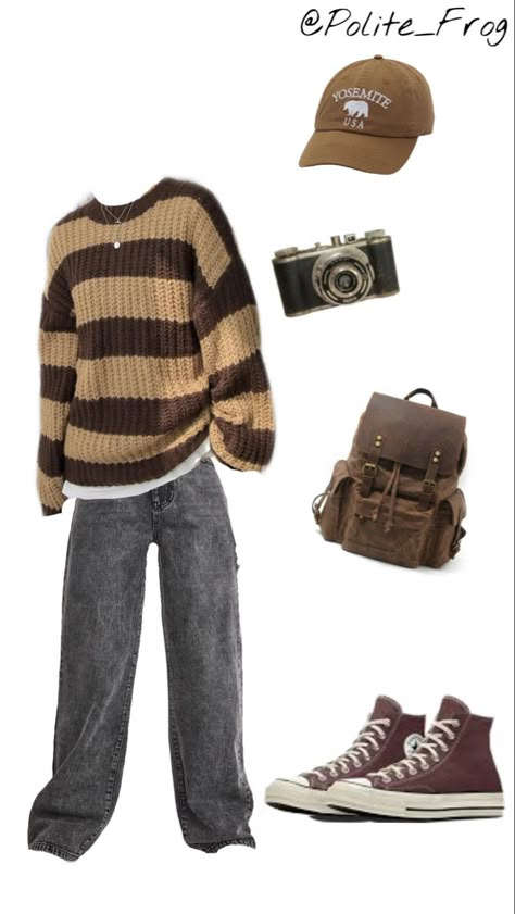 -brown sweater
-black jeans
-brown hat
-vintage backpack
-brown converse
-camera Cottegcore Aesthetic Outfits Men, Male Outfits Aesthetic Vintage Grunge, Comfy Core Outfits Men, Cool Nerd Outfits Men, Mens Brown Outfit Aesthetic, Soft Core Men Outfits, Nerd Aesthetic Outfit Male, Nerdy Male Outfits, Tubbo Outfit Ideas