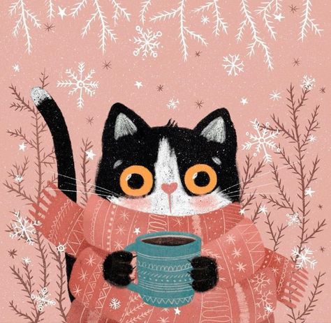 Cat Art Illustration, Winter Cat, Winter Illustration, Cats Illustration, Cat Portraits, Christmas Illustration, Cat Illustration, Cat Drawing, Whimsical Art