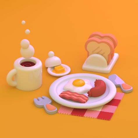 ArtStation - Breakfast, Paul Chambers Drawing Heart, 3d Things, 귀여운 음식 그림, Graphisches Design, Desain Editorial, 3d Blender, Karakter Disney, Isometric Art, 3d Inspiration