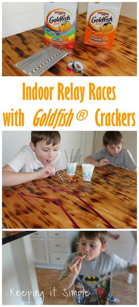 Indoor activities for kids- relay races with Goldfish® crackers #GoldfishGameTime AD @walmart Food Games For Kids, Kids Relay Races, Relay Games For Kids, Easy Games For Kids, Indoor Party Games, Relay Games, Birthday Games For Kids, Carnival Games For Kids, Babysitting Ideas